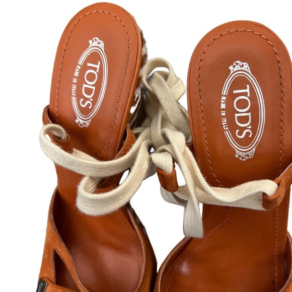 TOD’S Orange & Beige Espadrille Wedge Heels Italian Suede & Patent Leather NWT - Picture 10 of 16